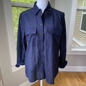 Banana Republic Dillon Classic Fit Utility Shirt in Navy Blue Eyelet Cotton Sz S